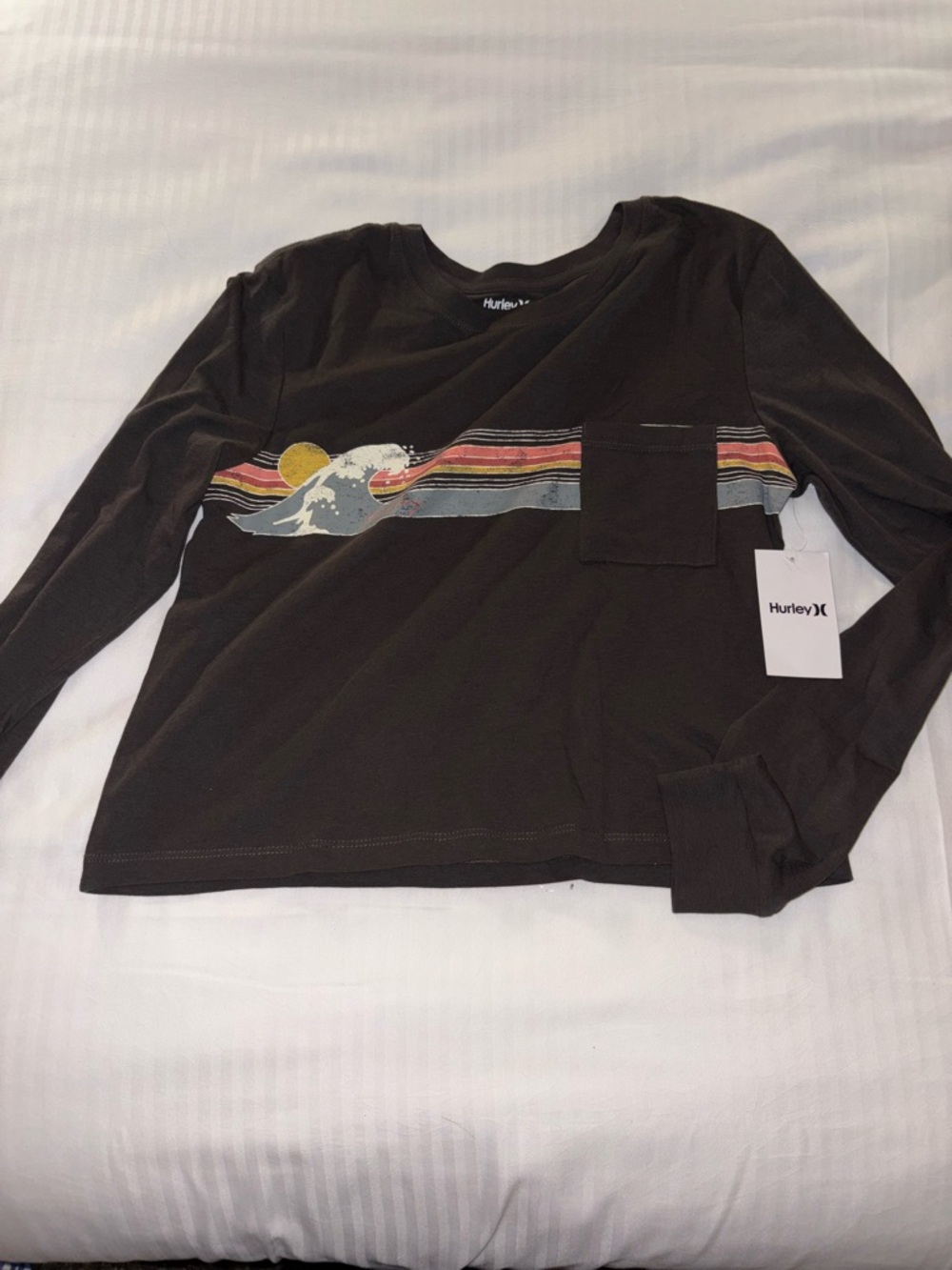 NWT Hurley Crop Black Long Sleeve Tee with Multicolor Surf Stripe